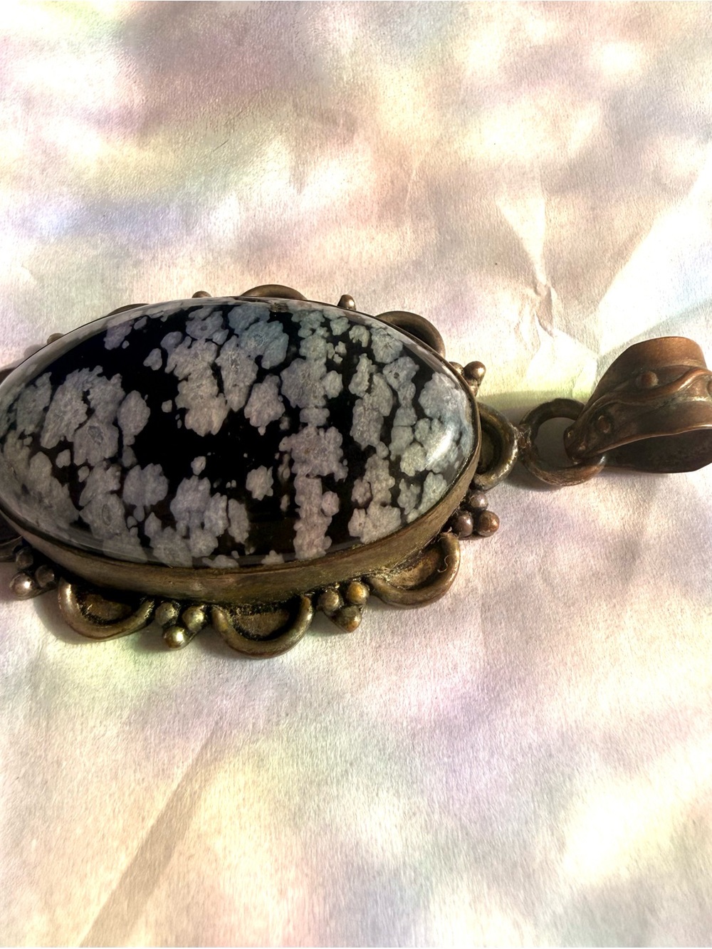 Snowflake Obsidian Oval Pendant Large In Ornate Setting - Picture 2 of 5
